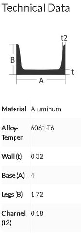 Aluminum Channel 6061-T6 Structural  4" (A) x 1.72" (B) x 0.32" (t) x 0.18" (t2) - 25ft long