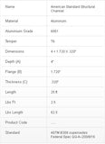 Aluminum Channel 6061-T6 Structural  4" (A) x 1.72" (B) x 0.32" (t) x 0.18" (t2) - 25ft long